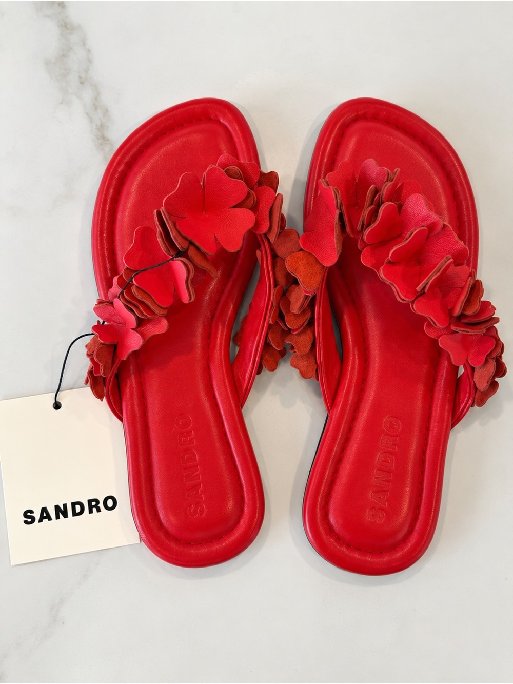 Sandro Flower Embellished Leather Slide Sandals Red/orange NWT 37